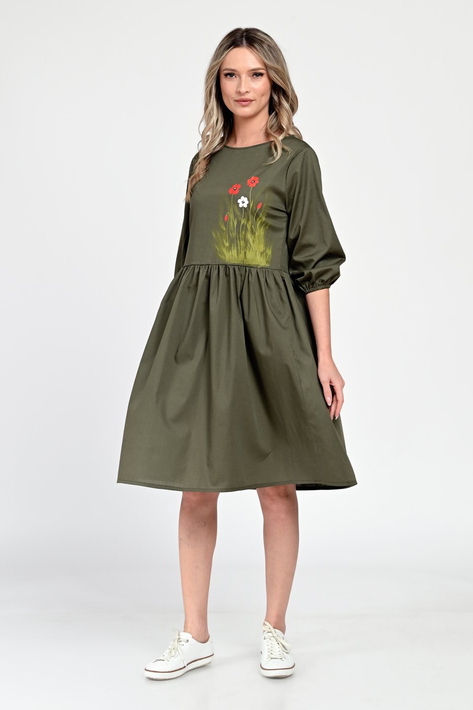 Rochie Medie Dama V310, Pictata manual, Kaki cu model floral - 1 | YEO